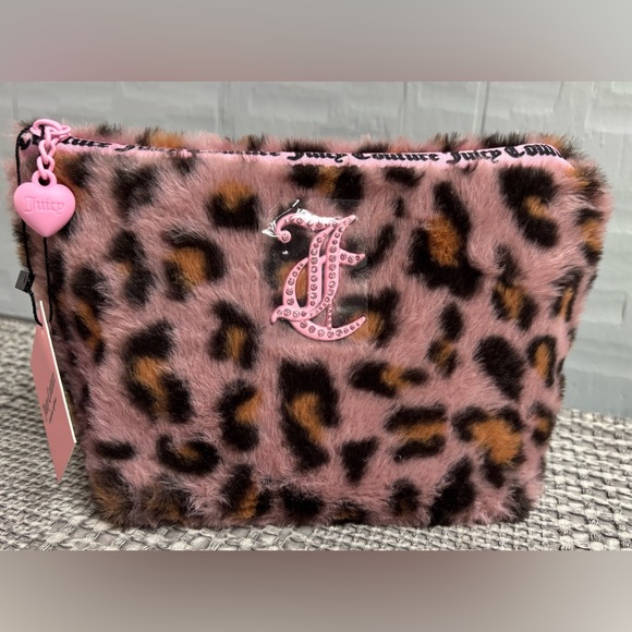 Juicy Couture Pink Leopard Faux Fur Travel Cosmetic Bag - Picture 1 of 5